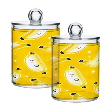 Imagem de ATTX Dispensador de suporte Qtip de banana amarela para bola de algodão, cotonete, frasco de boticário de plástico transparente, pote de armazenamento de cozinha para decoração de casa, pacote com 2
