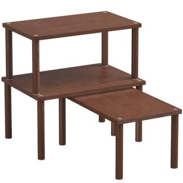 Imagem de Danfoxer Prateleira organizadora de armário (conjunto de 3), prateleiras de bancada de cozinha de bambu para bancada e armário, prateleiras empilháveis para especiarias, média (marrom)