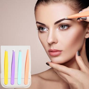 Imagem de Conjunto de 4 pinças multicoloridas para sobrancelhas – ponta inclinada e afiada de precisão para pelos faciais, pelos encravados, lascas, cravos e removedor de carrapatos
