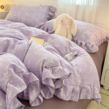 Imagem de XLCZMYL Conjunto de cama estilo princesa com babados e laço capa de edredom romântica para decoração de quarto de meninas 4 peças, 3.150 x 200 cm, 3 peças