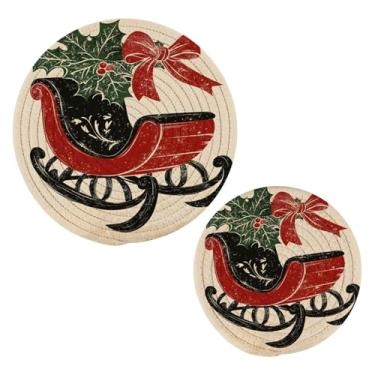 Imagem de Wassud Conjunto vintage de trivet de trenó de Natal para pratos quentes, suportes de panela redondos, almofadas quentes de algodão, porta-copos elegantes, decoração de cozinha e acessórios, 2 peças