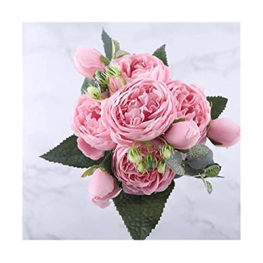 Imagem de Buquê de flores artificiais de peônia de seda de 30 cm - Centros de mesa deslumbrantes com 5 flores grandes e 4 botões para decoração de mesa elegante