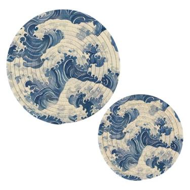 Imagem de Wassud Conjunto de trivet Waves para pratos quentes, suportes redondos de algodão, almofadas quentes, porta-copos elegantes, decoração de cozinha e acessórios, 2 peças