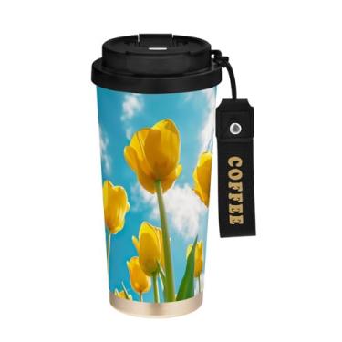 Imagem de STAYTOP Copo de café de aço inoxidável de 500 ml, caneca de café de viagem com isolamento de tulipa dourada com tampa, xícara de café à prova de derramamento, copos portáteis reutilizáveis para