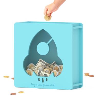 Imagem de Cofre de madeira para crianças e adultos, cofre de dinheiro, caixa econômica com adesivos faça você mesmo, caixa de cartão de presente de foguete personalizada, para aniversário, chá de bebê, festa de