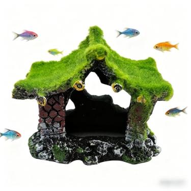 Imagem de Civore Decoração de aquário, esconderijo oco de resina com musgo, ornamento de caverna de peixe Betta, acessórios para esconder pequenos peixes e camarões para aquário