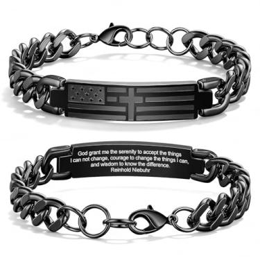 Imagem de TempBeau Pulseira de cruz masculina - corrente de aço inoxidável com versículo bíblico preto com bandeira americana, ideias de presente de aniversário, confirmação de primeira comunhão, batismo,
