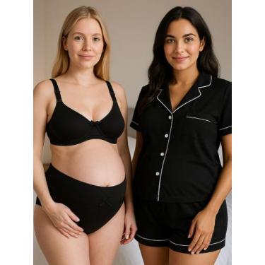 Imagem de Combo Amamentação Pijama com Botões Sutiã com Clique e Calcinha Pós Pa