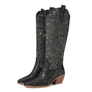 Imagem de Gothictor Botas femininas Sparkly Cowgirl, salto grosso, bico fino, cano alto, caubói ocidental, zíper lateral, festa de casamento, noite com glitter, sapatos sociais, Dourado, 36