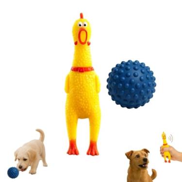 Imagem de Kit 2 Brinquedo Cachorro Bola Cravo Massageadora Galinha Borracha Apito Pet Cães Pequeno Médio Porte Resistente Seguro Divertido Interativo (Azul)