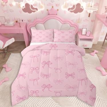 Imagem de jejeloiu Conjunto de edredom infantil casal com laço rosa, estilo princesa sonhadora, edredom para quarto de crianças, meninos, meninas, decoração de gravata borboleta rosa, microfibra ultramacia e