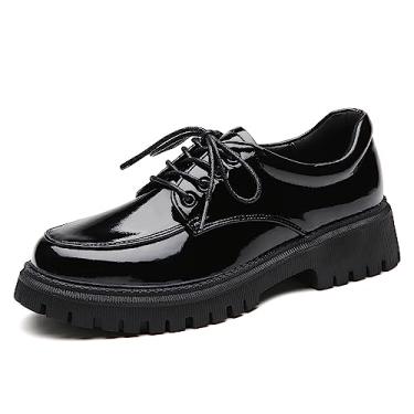 Imagem de IUY Sapatos Oxford pretos para mulheres, plataforma, grosso, couro envernizado, para mulheres, clássico, confortável, negócios, casual, trabalho, Preto, 40
