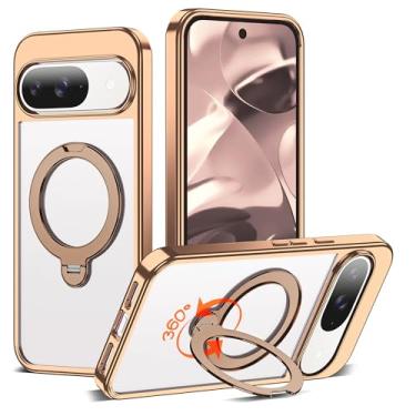 Imagem de RIASOLIN Capa compatível com Google Pixel 9/9 Pro com suporte de anel invisível rotativo de 360°, compatível com Mag-Safe, capa de telefone transparente com ótima sensação de aderência para mulheres e