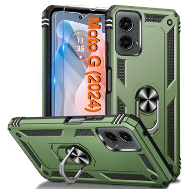 Imagem de Capa para Moto G-5G 2024 com 2 peças de protetor de tela HD, suporte de anel magnético com capa de celular resistente [ ] Capa protetora para Motorola Moto G 5G 2024, verde-oliva