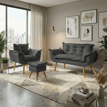 Imagem de Kit Namoradeira Poltrona e Puff Decorativo Para Sala Recepção Manicure Consultório Alice Tecido Suede