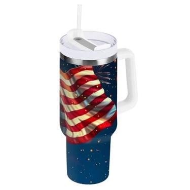 Imagem de ODAWA Copo grande isolado de parede dupla, bandeira americana, fogos de artifício, azul, copo isolado a vácuo com canudo e alça