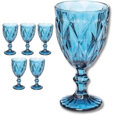 Imagem de Milbani Conjunto 6 Taças de Vidro Azul 330ml, Taças Lapidadas em Relevo para Água e Sucos, Design Elegante