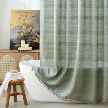 Imagem de Siiluminisoy Cortina de chuveiro de linho Boho Farmhouse cortina de chuveiro para banheiro rústico listrado francês cortinas de chuveiro tecido, verde sálvia