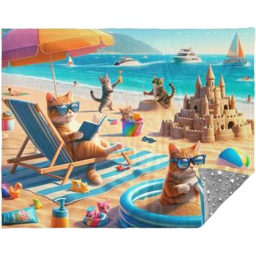 Imagem de TSENQUE Cobertores grandes personalizados engraçados de gato de praia para sofá quarto cobertores de sofá para mulheres presente animal cobertor solteiro 177,8 cm x 139,7 cm