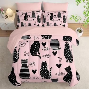 Imagem de AILONEN Conjunto de edredom Queen de gato preto, 7 peças, cama de microfibra macia rosa e preta em uma bolsa, edredom para amantes de gatos + lençol de cima + 2 fronhas + 2 fronhas