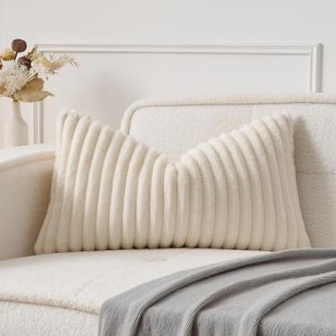 Imagem de UGASA Capa de almofada lombar 30 x 61 cm, conjunto de 1 fronha decorativa de pele sintética supermacia, textura de flanela de pelúcia, retângulo, para sofá, poltrona, sala de estar, branco creme