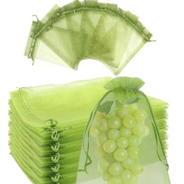 Imagem de 100 sacos de proteção de frutas 20 x 25 cm | Sacos de organza verde para produtos | Sacos de rede de malha reutilizáveis com cordão | Sacos de cobertura para frutas e legumes, frutas | Protetores de