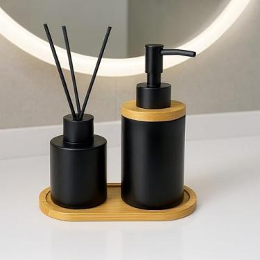 Imagem de Kit Banheiro Lavabo em Cerâmica com Dispenser para Sabonete Líquido e Porta Escova de Dente Decorativo(PRETO DIFUSOR LISO)