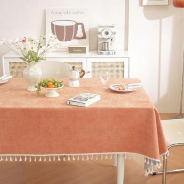 Imagem de Wuluwala Toalha de mesa rústica para mesas de jantar, toalha de mesa simples de cor sólida com borlas, toalha de mesa resistente, tecido de chenille macio, capa de mesa lavável para cozinha, uso