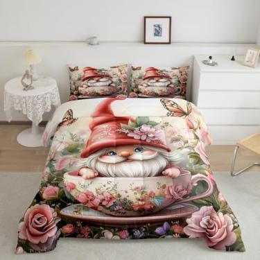 Imagem de Conjunto de edredom infantil com desenho de gnomo, flores em aquarela, para decoração de quarto de adolescentes, rosa e jardim botânico com 1 fronha para todas as estações, solteiro
