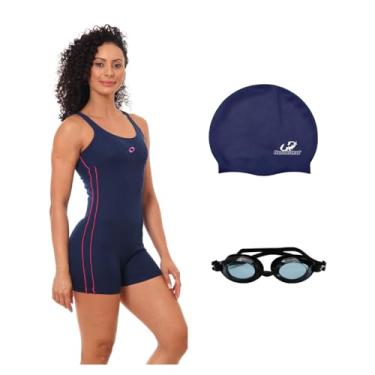 Imagem de Kit Maiô Macaquinho Helanca Feminino com Óculos Proteção Uv e Touca Silicone Grande (Marinho/Pink - Touca Azul Marinho, GG)