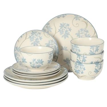 Imagem de Gibson Home Admiral Hall Conjunto de louça de grés fosco de 12 peças – Pratos de jantar, pratos de salada e tigelas com padrão floral azul, conjunto de pratos durável para uso diário, pode ser
