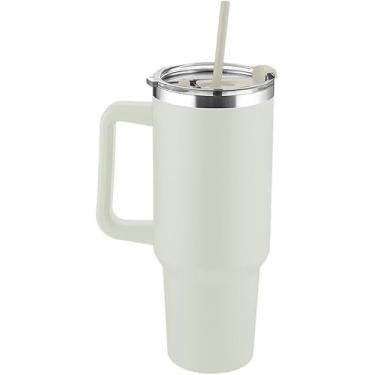 Imagem de Garrafa Térmica Canecão 1,3 Litros Inox Bege Creme com Alça e Canudo, Copo Térmico Grande Parede Dupla a Vácuo, Caneca Térmica Hidratação e Yoga, Design Minimalista Quencher Sustentável Premium