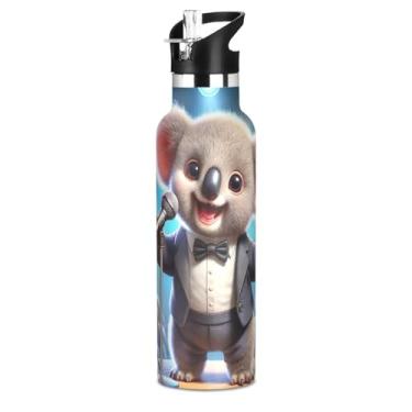 Imagem de Garrafas de água isoladas de aço inoxidável de 590 ml com tampa de palha, fofa, coala, arte vintage, garrafa de água para meninos, meninas, crianças, copos à prova de vazamento, livre de BPA com alça