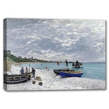 Imagem de Reprodução de pintura a óleo Claude Monet The Beach at Sainte-Adresse - Impressão em tela giclée, arte de parede vintage turquesa litorânea litorânea, pronta para pendurar para sala de estar, quarto