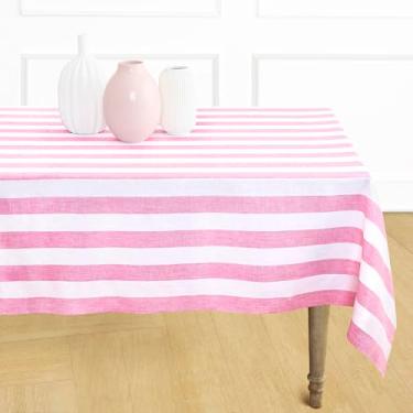 Imagem de Solino Home Toalha de mesa listrada de linho 152 x 332 cm - 100% linho puro rosa e branco toalha de mesa para mesas retangulares - faixa de cabana, toalha de mesa lavável na máquina para dia dos