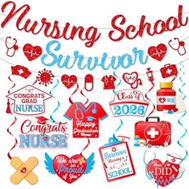 Imagem de EYOBZOOQ Faixa De Sobrevivente Da Escola Enfermagem Com Glitter, Serpentinas Penduradas Para Formatura Turma 2025, Suprimentos Festa Enfermagem, Adereços Fotos Enfermeiras, Decorações Enfermeiras Rn
