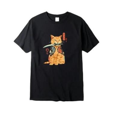 Imagem de Camiseta Masculina 100% Algodão Manga Curta Estampa Cool De Gato Com F