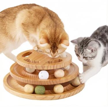 Imagem de ZOMISIA Brinquedo de pista de bola de gato com parte superior de quebra-cabeça, brinquedos de madeira extragrande para gatos internos com bolas giratórias, torre de bola interativa para gatos para