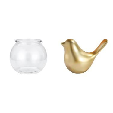 Imagem de Whtkoph Elegante Vaso Transparente em Formato de Aquário com Escultura de Pássaro Dourado, Ideal para Mesa de Escritório, Decoração de Casa E Presentes de Boa