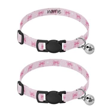 Imagem de SEHANY Conjunto de 2 coleiras de cachorro com laço rosa fofo, fivela de plástico resistente, leve, macia e leve, com sino pequeno, coleiras personalizadas com nome de animal de estimação para meninos