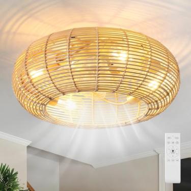 Imagem de AIJIASI Ventilador De Teto Com Gaiola 20" Luz E Controle Remoto, Estilo Boho, Embutido, Rattan, Perfil Baixo, 6 Velocidades, Reversível Para Sala Estar, Cozinha (Base 4*E26)