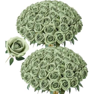 Imagem de 50 peças de flores artificiais de rosas, rosas verdes falsas com caule, rosas de seda realistas para buquês de casamento, mesas de centro de mesa, arranjos de chá de bebê, aniversário, decoração de