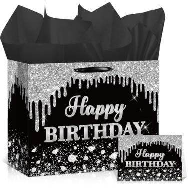 Imagem de Yoirrat Bolsa de presente de aniversário preta prata para homens e mulheres grande com glitter, bolsa de feliz aniversário com papel de embrulho e cartão para presente de festa 30º 40º 50º 60º