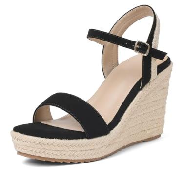 Imagem de mikarka Sandálias femininas de alpargata: plataforma com tira no tornozelo, plataforma, bico aberto - salto alto elegante estilo cunhas de verão para mulheres, inspiradas em alpargatas, Nubuck preto