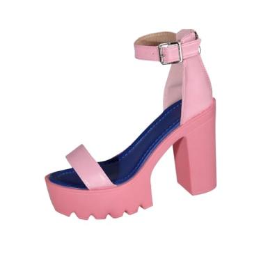 Imagem de Sapato feminino casual verão cor sólida bico aberto salto alto grosso com tira no tornozelo para uso interno ao ar livre PU superior, rosa, 34