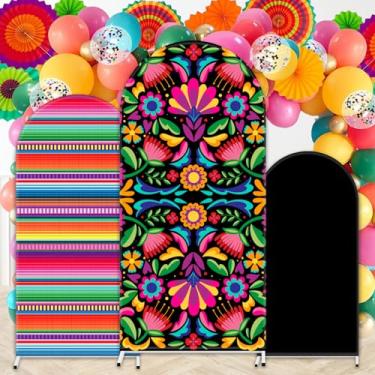 Imagem de JarThenaAMCS 3 peças de capas de pano de fundo de arco mexicano colorido Otomi Flower Arch Stand Capa de tecido para decoração de festa de chá de bebê Cinco De Mayo Talavera, casamento, aniversário