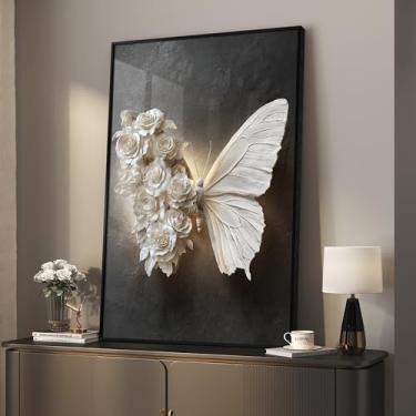 Imagem de Arte de parede de borboleta preta e branca emoldurada, pinturas modernas e elegantes para paredes, borboletas românticas e imagens florais para sala de estar, sala de jantar, quarto, sala de estar