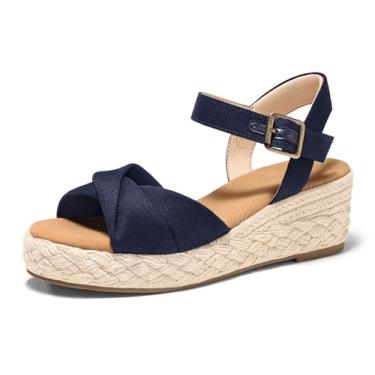 Imagem de Coutgo Sandálias femininas plataforma salto plataforma alpargatas bico aberto tira no tornozelo lona torcida verão praia sapatos, Azul marinho, 41