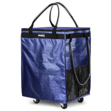 Imagem de (Médio, azul escuro) Bolsa de compras reutilizável com rodas, sacola dobrável de 70 L, carrega até 30 kg, carrinhos de compras com zíper para viagens, lavanderia, 4 rodas resistentes e 3 alças