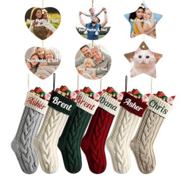 Imagem de Conjunto de 12 peças de meias e ornamentos de Natal personalizados - Decoração familiar personalizável com 6 meias e 6 cabides para árvore e lareira